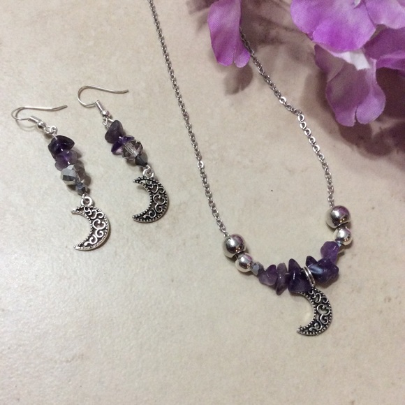 🌸 AMETHYST NECKLACE & EARRINGS MOON BOHO BUNDLE BOHEMIAN SET CHARM PENDANT BEAD - Picture 5 of 7